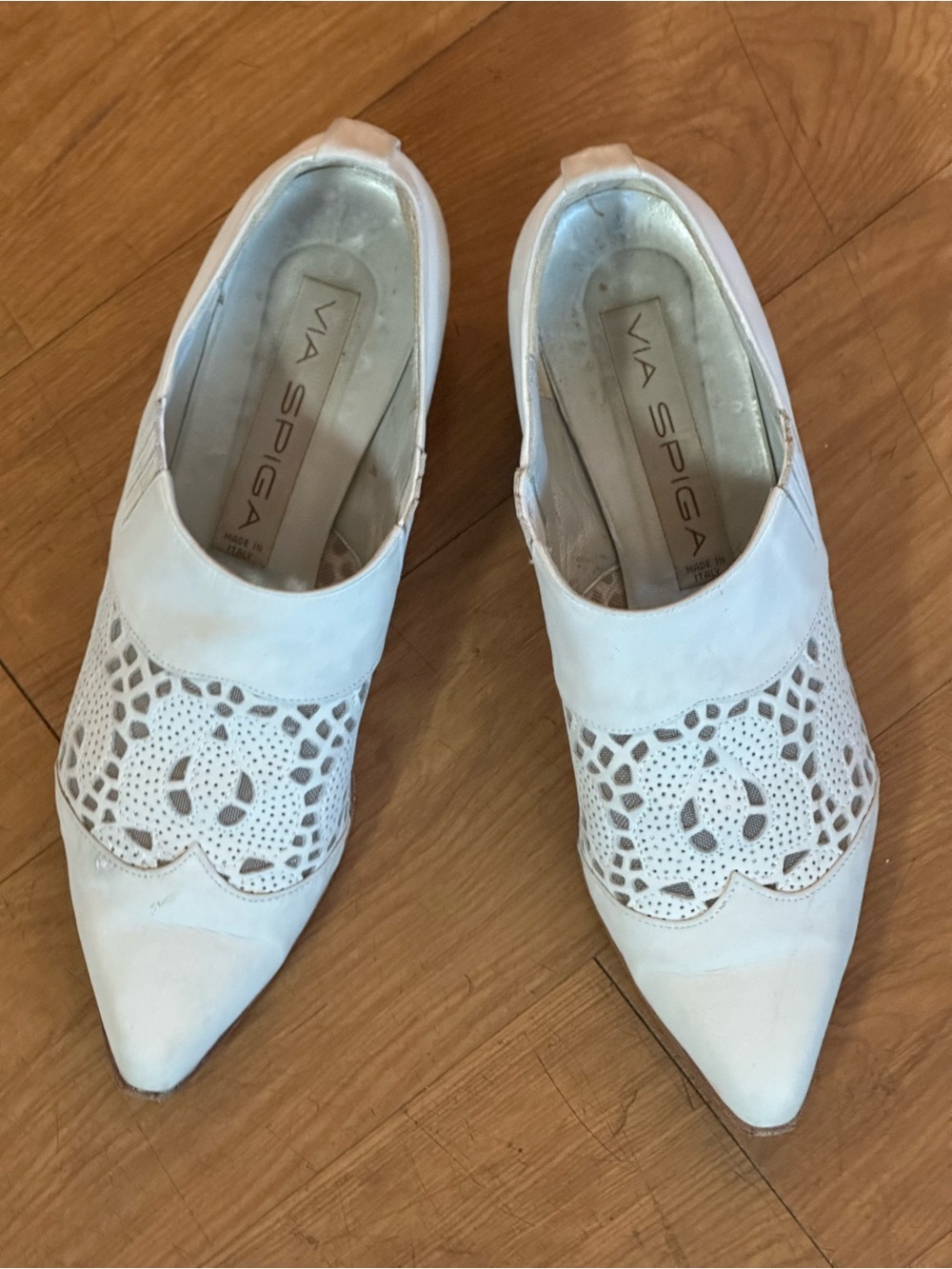 Via Spiga White Laser-Cut Pointed Slip-On Heels
